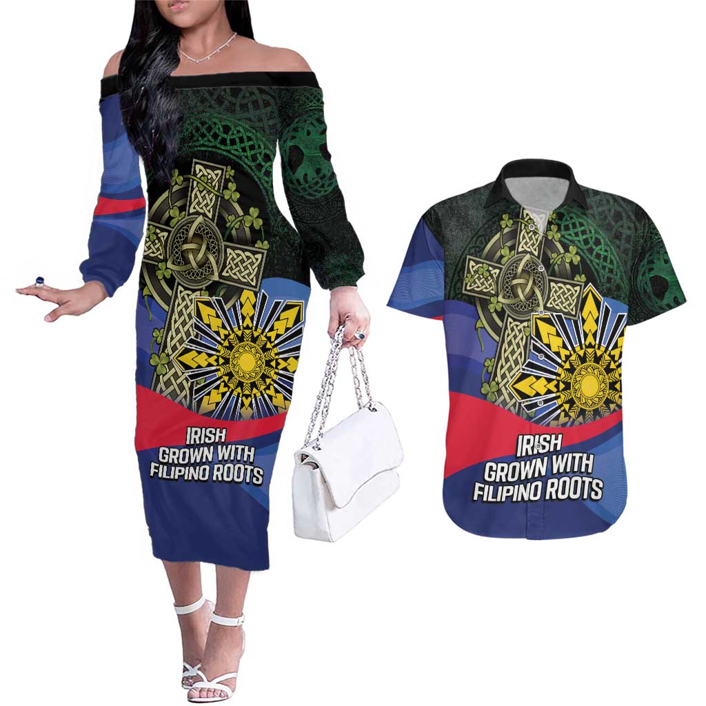 Personalized Irish Grown With Filipino Roots Couples Matching Off The Shoulder Long Sleeve Dress and Hawaiian Shirt