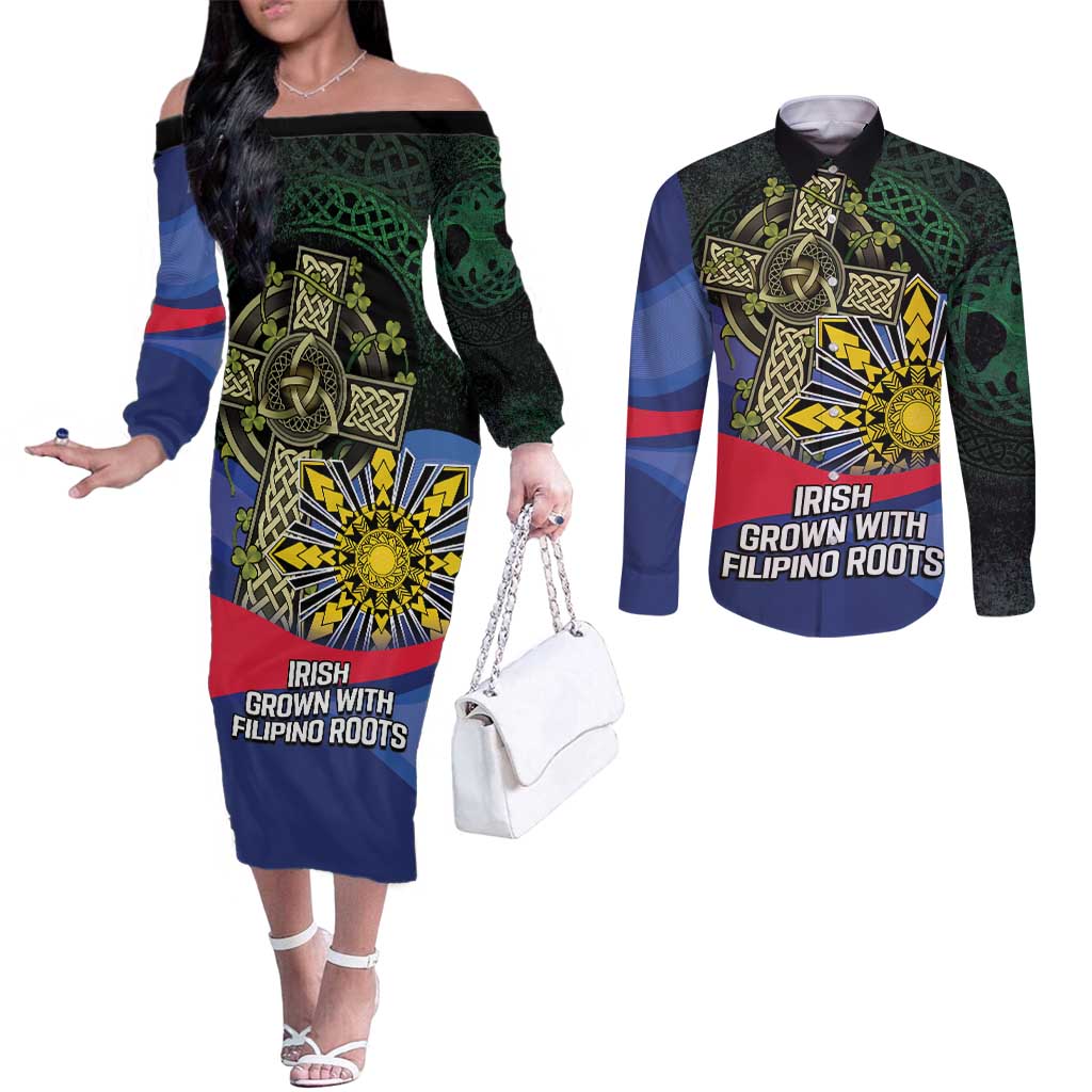 Personalized Irish Grown With Filipino Roots Couples Matching Off The Shoulder Long Sleeve Dress and Long Sleeve Button Shirt