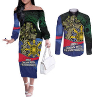 Personalized Irish Grown With Filipino Roots Couples Matching Off The Shoulder Long Sleeve Dress and Long Sleeve Button Shirt