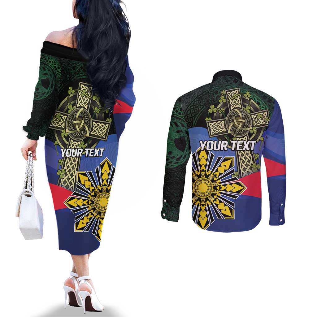 Personalized Irish Grown With Filipino Roots Couples Matching Off The Shoulder Long Sleeve Dress and Long Sleeve Button Shirt