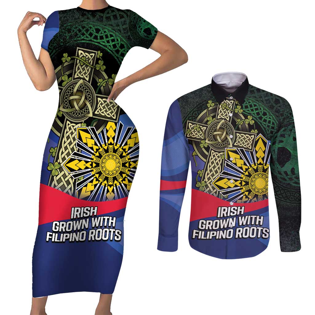Personalized Irish Grown With Filipino Roots Couples Matching Short Sleeve Bodycon Dress and Long Sleeve Button Shirt