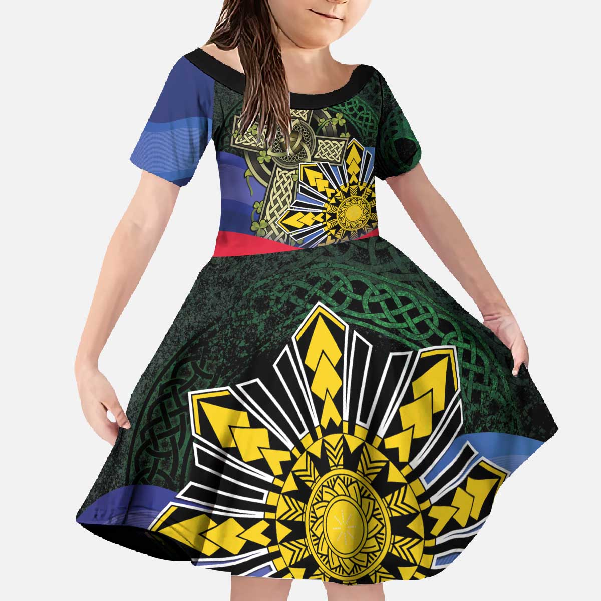 Personalized Irish Grown With Filipino Roots Family Matching Off The Shoulder Long Sleeve Dress and Hawaiian Shirt