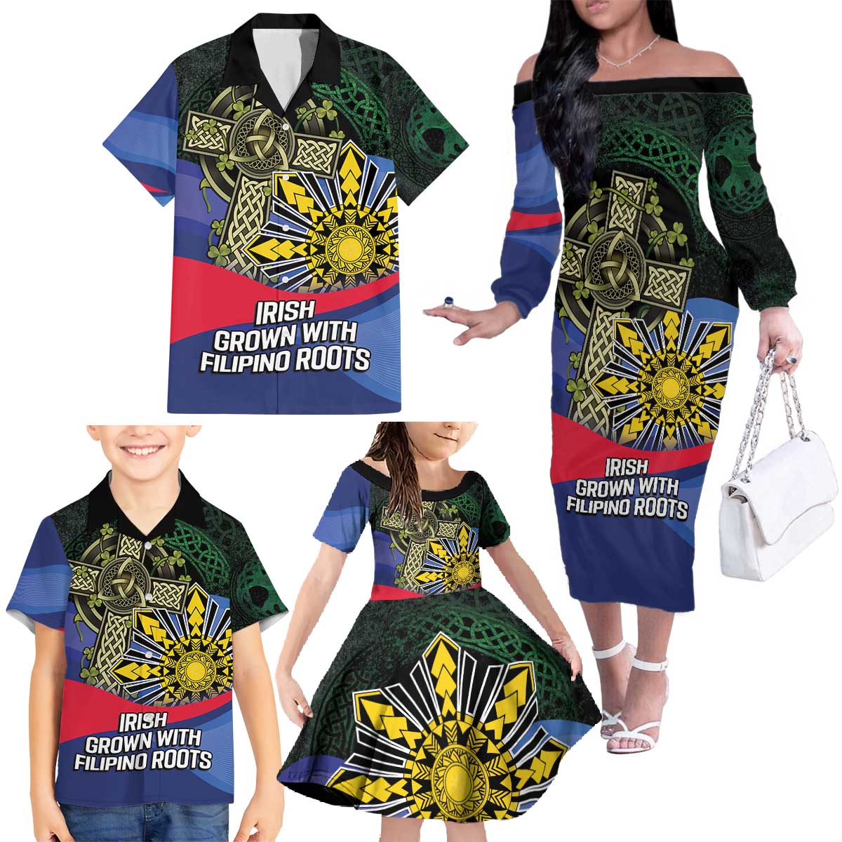 Personalized Irish Grown With Filipino Roots Family Matching Off The Shoulder Long Sleeve Dress and Hawaiian Shirt