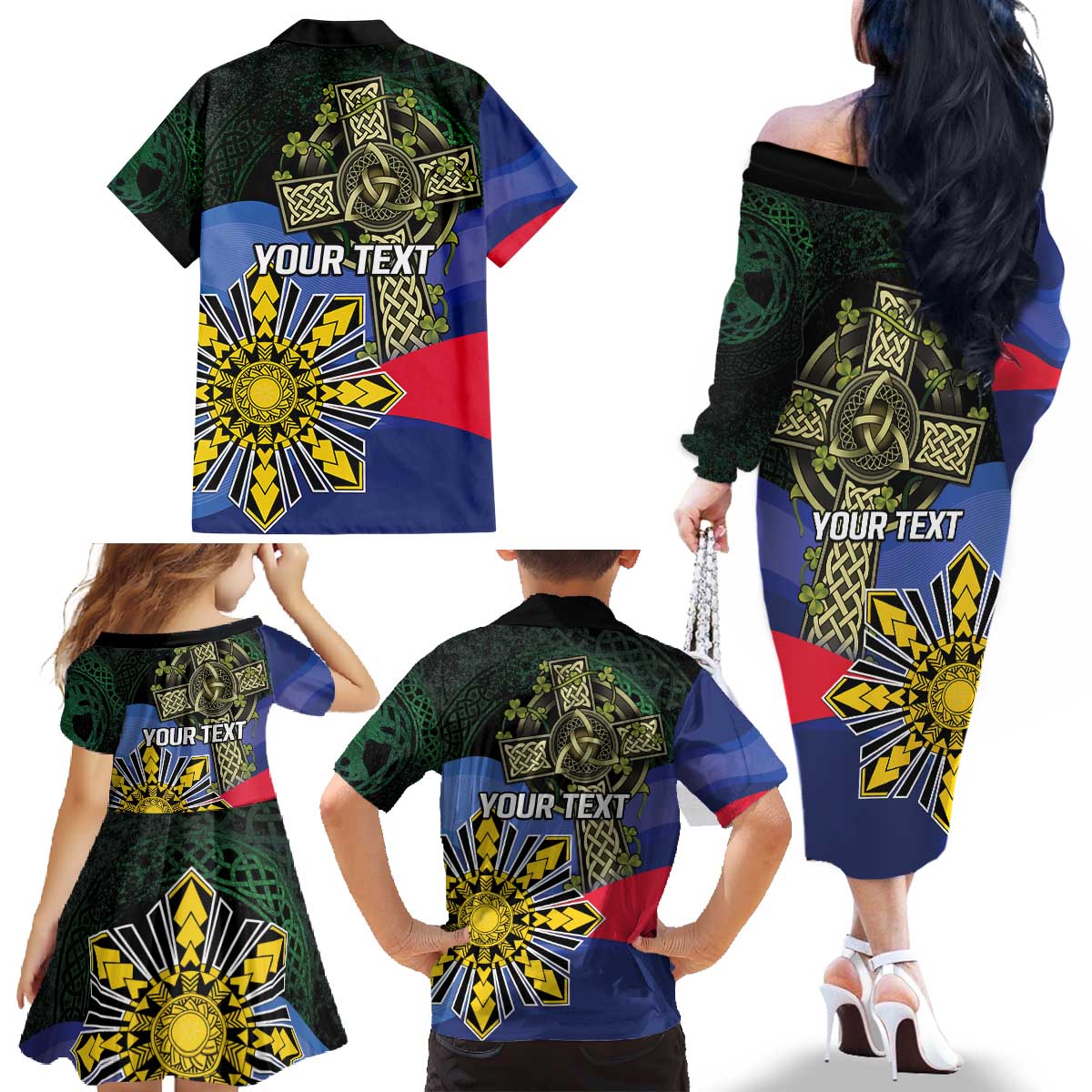 Personalized Irish Grown With Filipino Roots Family Matching Off The Shoulder Long Sleeve Dress and Hawaiian Shirt