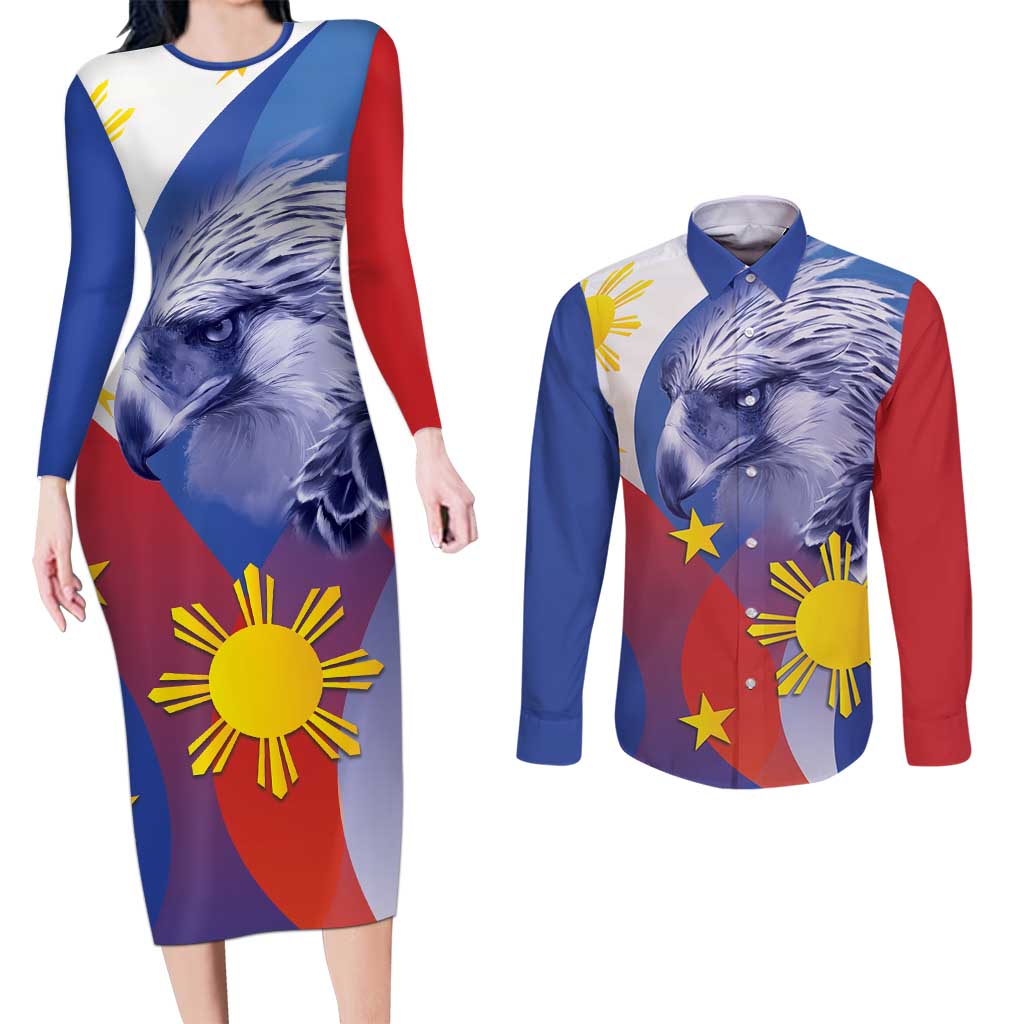 Personalized Philippines Eagle Week Couples Matching Long Sleeve Bodycon Dress and Long Sleeve Button Shirt Filipino Eagle with Flag Motif