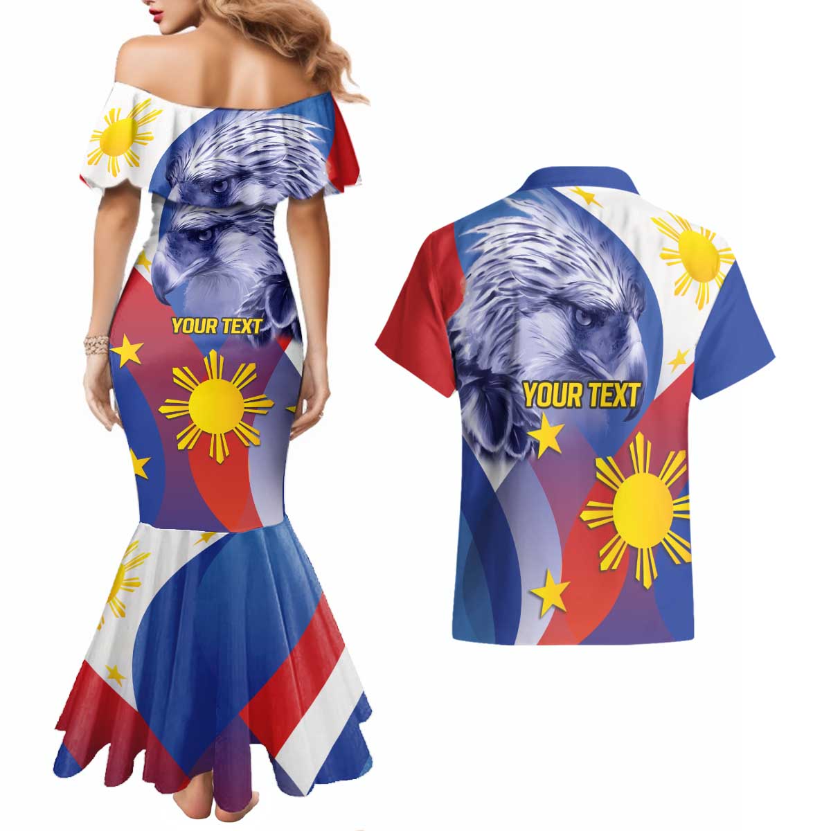Personalized Philippines Eagle Week Couples Matching Mermaid Dress and Hawaiian Shirt Filipino Eagle with Flag Motif