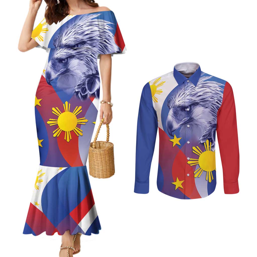 Personalized Philippines Eagle Week Couples Matching Mermaid Dress and Long Sleeve Button Shirt Filipino Eagle with Flag Motif