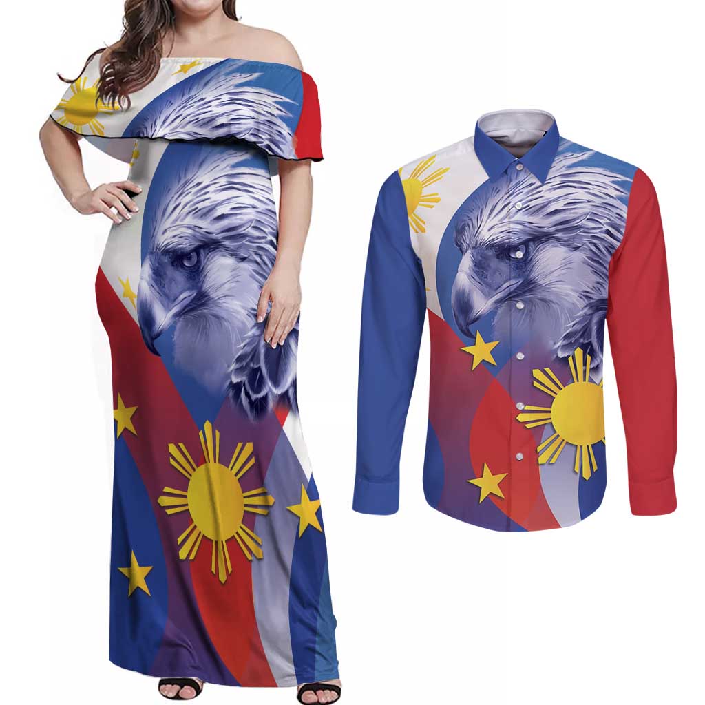 Personalized Philippines Eagle Week Couples Matching Off Shoulder Maxi Dress and Long Sleeve Button Shirt Filipino Eagle with Flag Motif