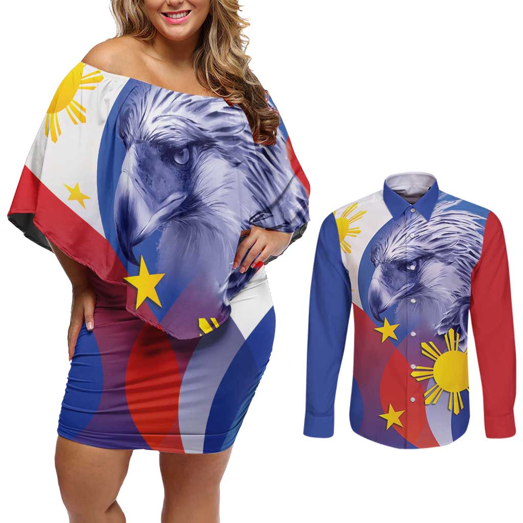 Personalized Philippines Eagle Week Couples Matching Off Shoulder Short Dress and Long Sleeve Button Shirt Filipino Eagle with Flag Motif