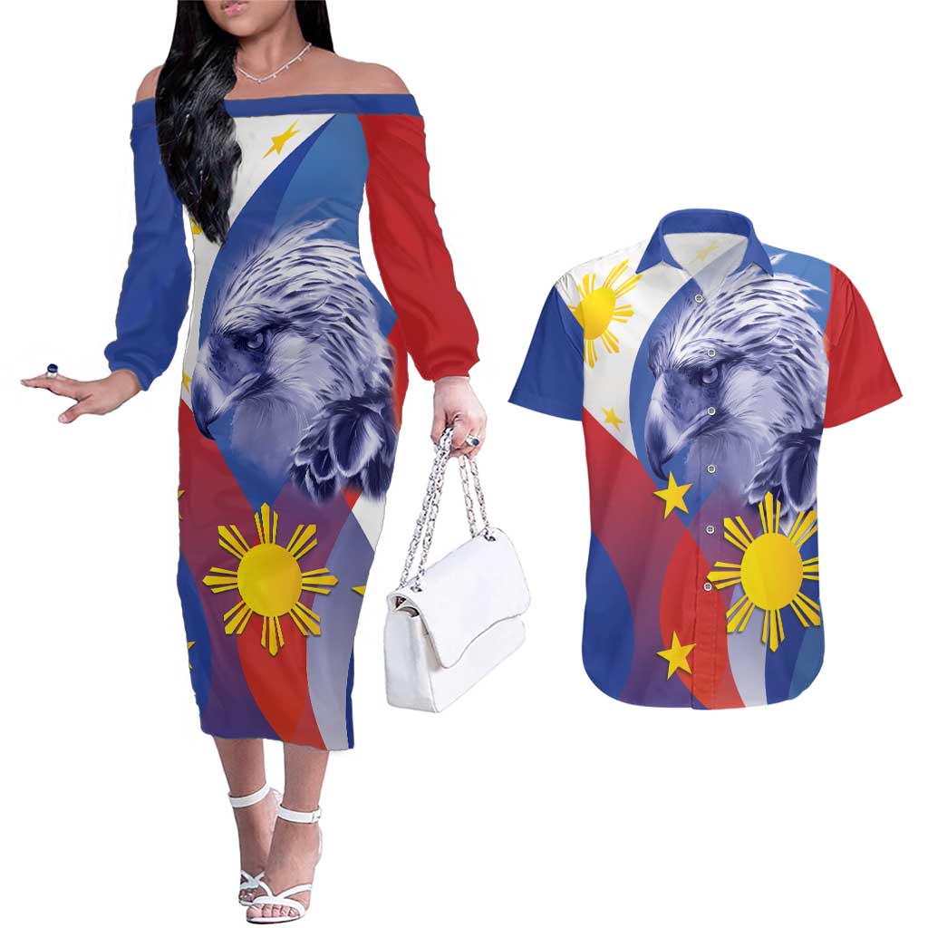Personalized Philippines Eagle Week Couples Matching Off The Shoulder Long Sleeve Dress and Hawaiian Shirt Filipino Eagle with Flag Motif