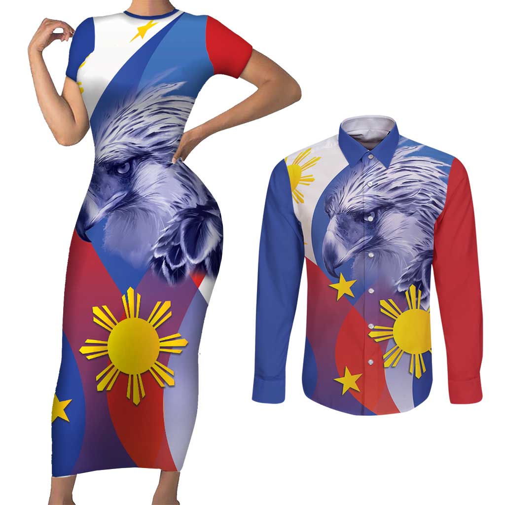 Personalized Philippines Eagle Week Couples Matching Short Sleeve Bodycon Dress and Long Sleeve Button Shirt Filipino Eagle with Flag Motif