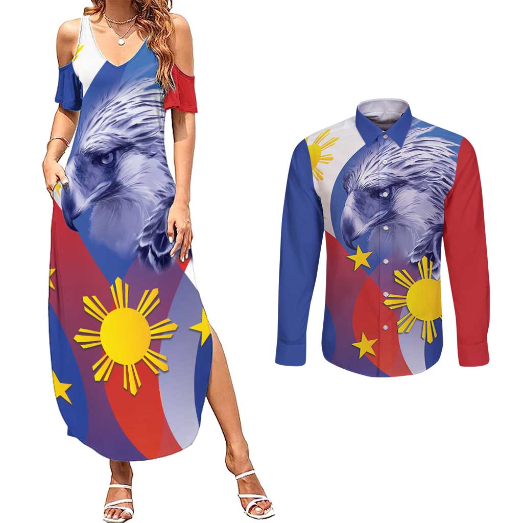 Personalized Philippines Eagle Week Couples Matching Summer Maxi Dress and Long Sleeve Button Shirt Filipino Eagle with Flag Motif