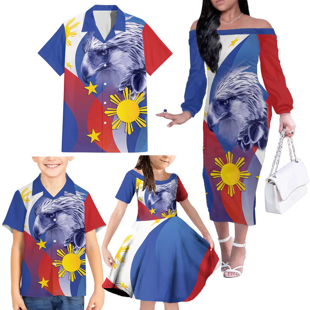 Personalized Philippines Eagle Week Family Matching Off The Shoulder Long Sleeve Dress and Hawaiian Shirt Filipino Eagle with Flag Motif