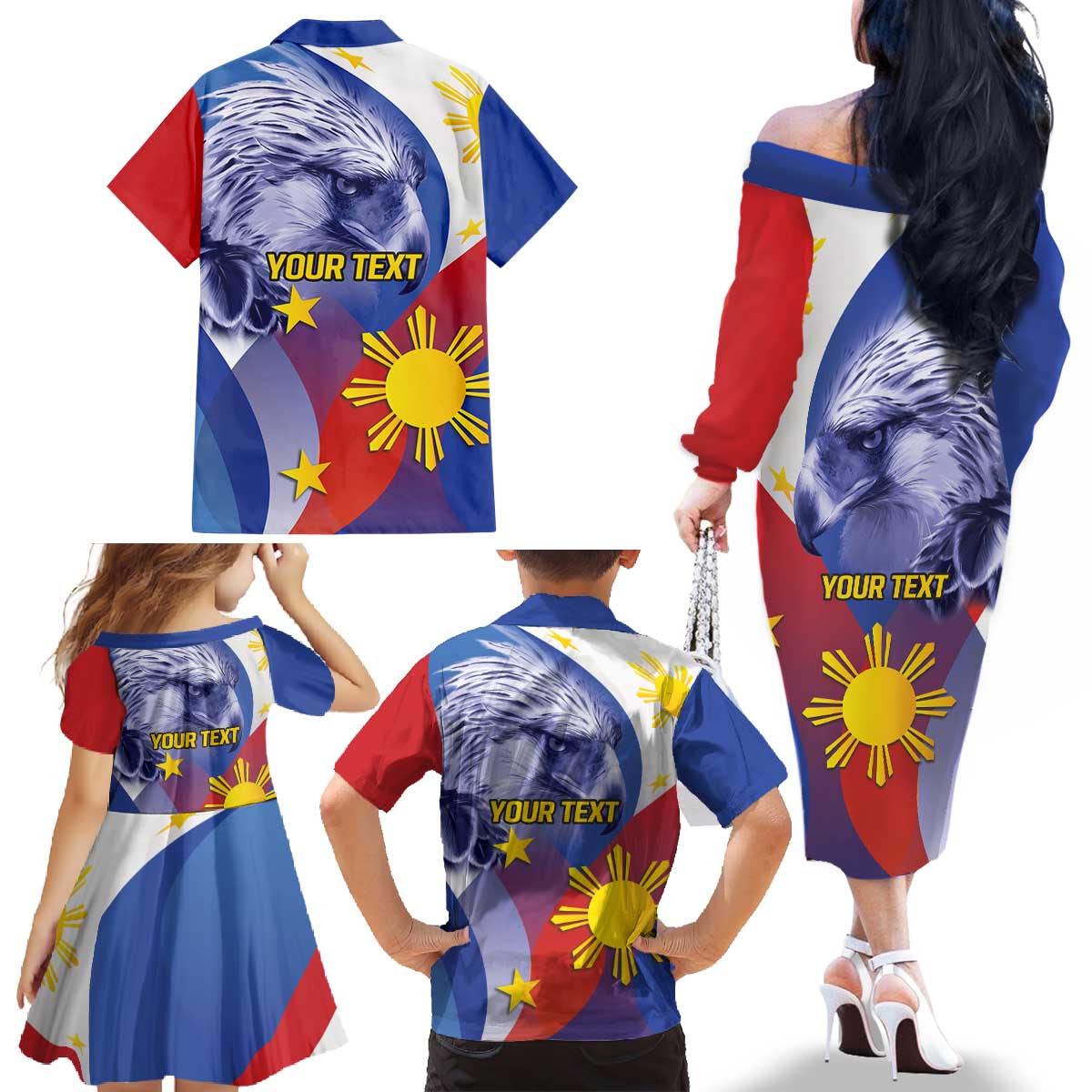 Personalized Philippines Eagle Week Family Matching Off The Shoulder Long Sleeve Dress and Hawaiian Shirt Filipino Eagle with Flag Motif