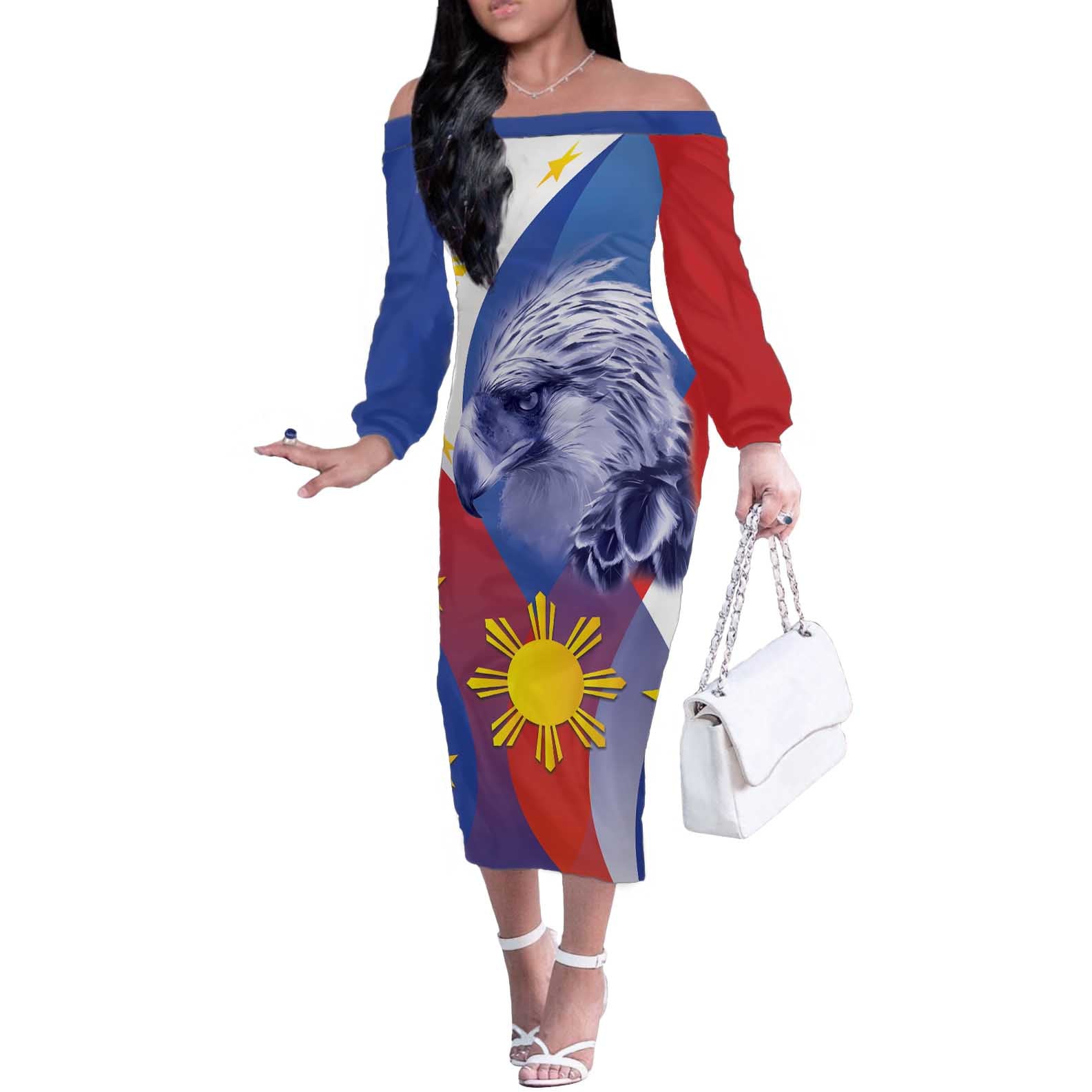 Personalized Philippines Eagle Week Off The Shoulder Long Sleeve Dress Filipino Eagle with Flag Motif