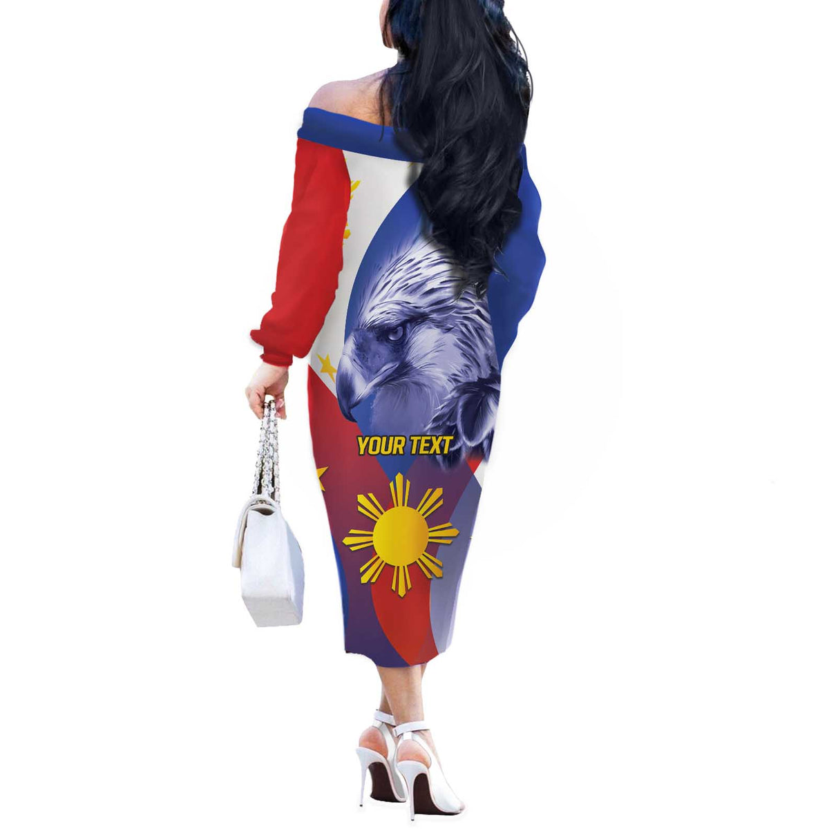 Personalized Philippines Eagle Week Off The Shoulder Long Sleeve Dress Filipino Eagle with Flag Motif