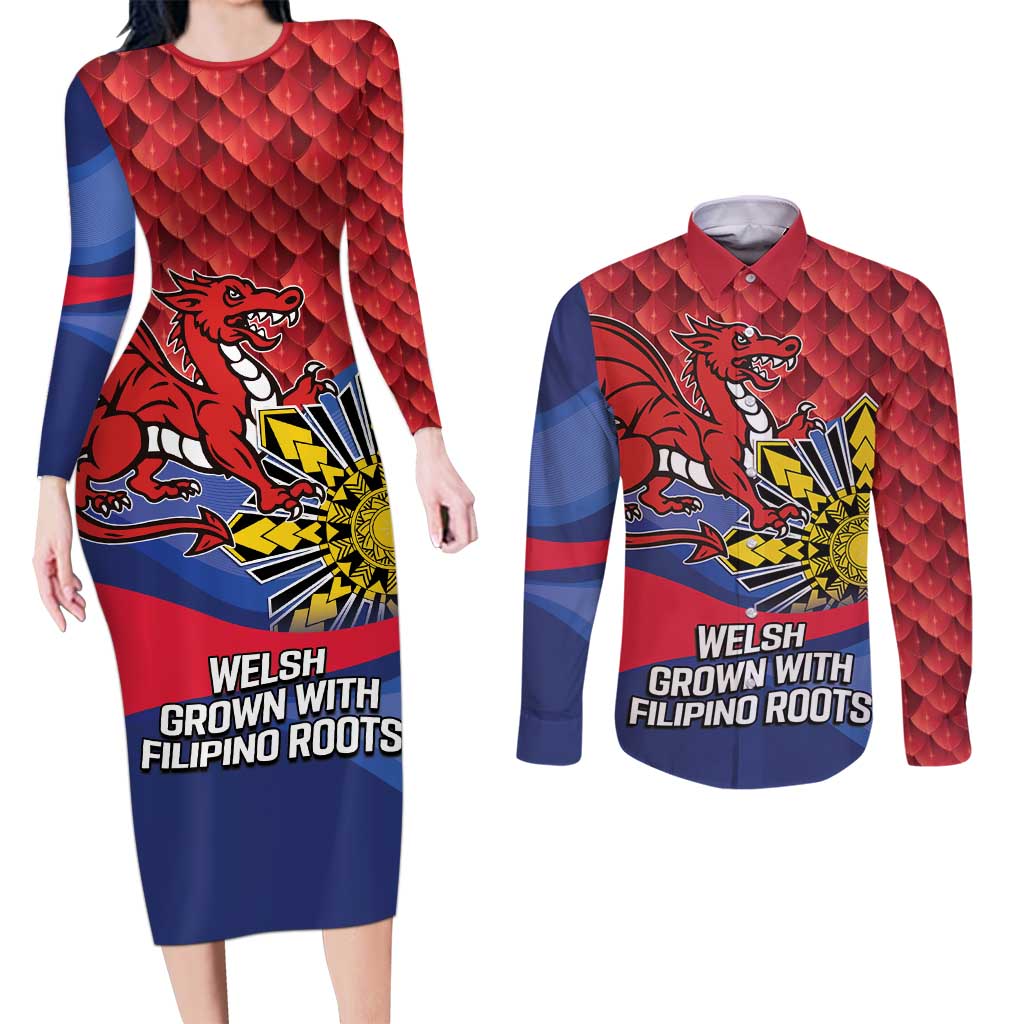 Personalized Welsh Grown With Filipino Roots Couples Matching Long Sleeve Bodycon Dress and Long Sleeve Button Shirt