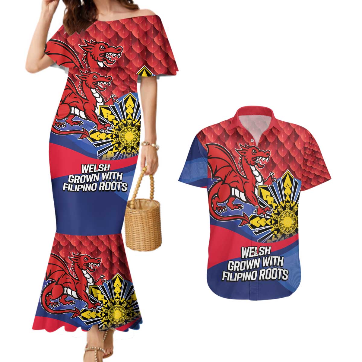Personalized Welsh Grown With Filipino Roots Couples Matching Mermaid Dress and Hawaiian Shirt