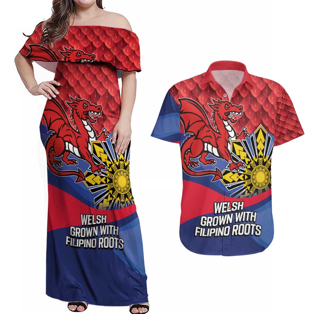 Personalized Welsh Grown With Filipino Roots Couples Matching Off Shoulder Maxi Dress and Hawaiian Shirt
