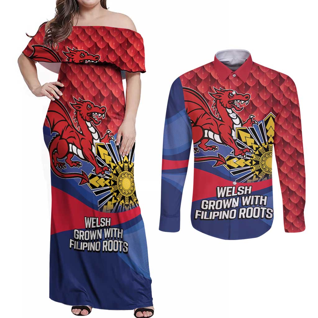Personalized Welsh Grown With Filipino Roots Couples Matching Off Shoulder Maxi Dress and Long Sleeve Button Shirt