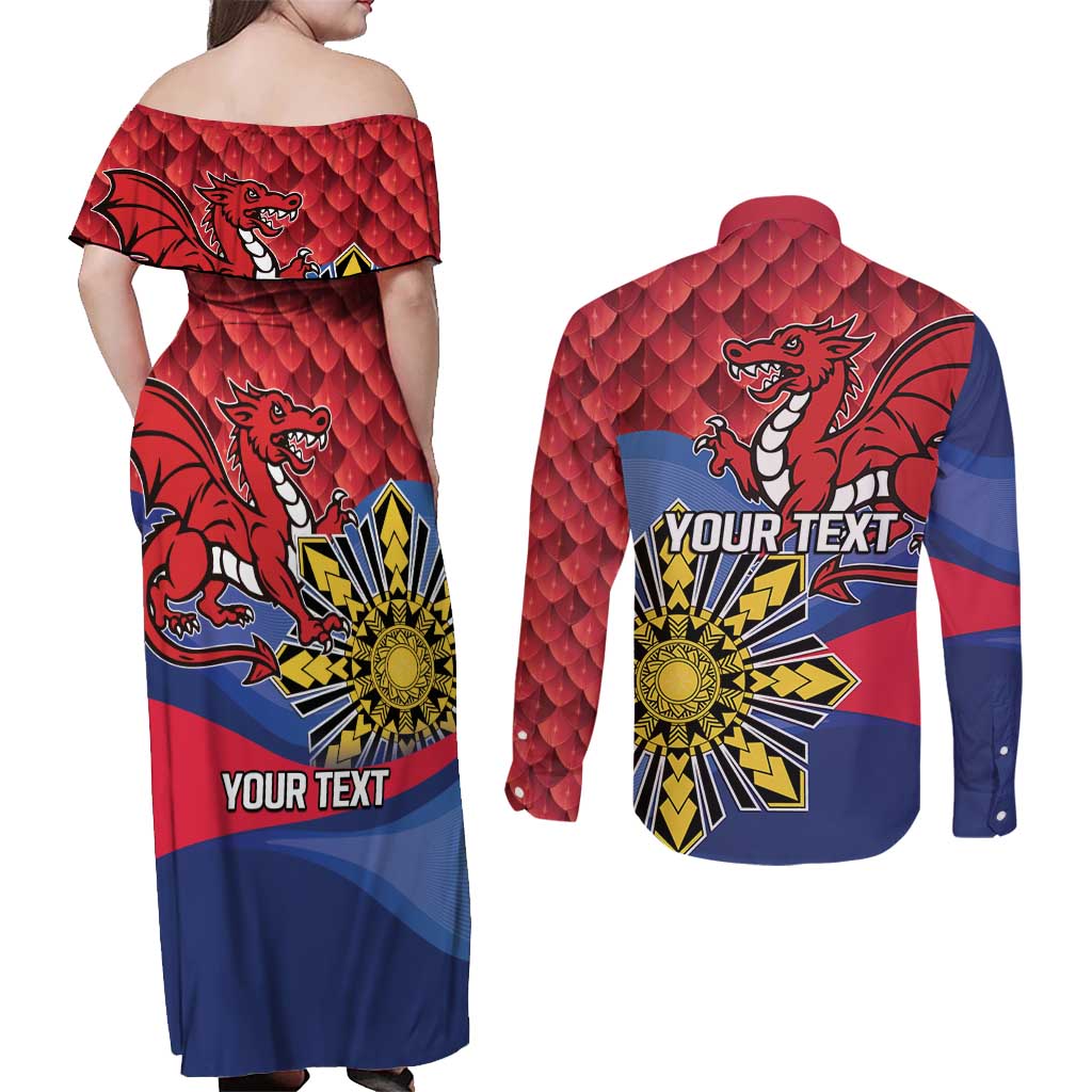 Personalized Welsh Grown With Filipino Roots Couples Matching Off Shoulder Maxi Dress and Long Sleeve Button Shirt