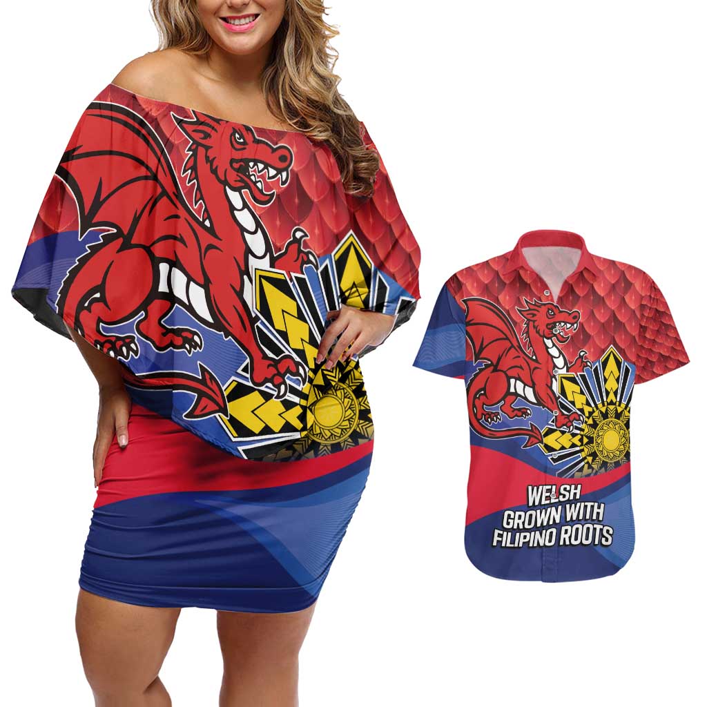 Personalized Welsh Grown With Filipino Roots Couples Matching Off Shoulder Short Dress and Hawaiian Shirt