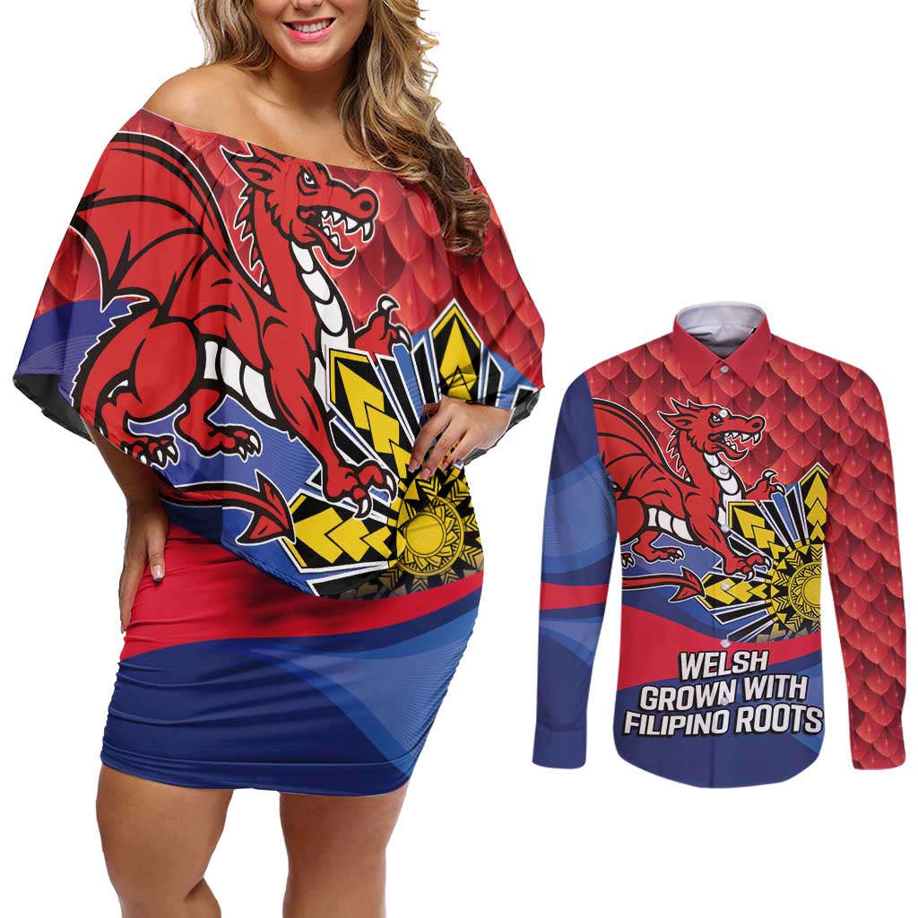 Personalized Welsh Grown With Filipino Roots Couples Matching Off Shoulder Short Dress and Long Sleeve Button Shirt