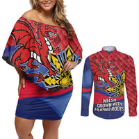 Personalized Welsh Grown With Filipino Roots Couples Matching Off Shoulder Short Dress and Long Sleeve Button Shirt