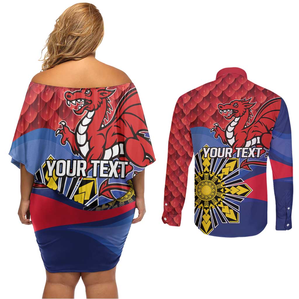 Personalized Welsh Grown With Filipino Roots Couples Matching Off Shoulder Short Dress and Long Sleeve Button Shirt