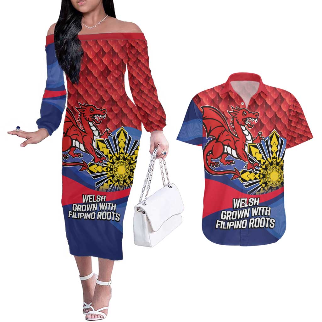 Personalized Welsh Grown With Filipino Roots Couples Matching Off The Shoulder Long Sleeve Dress and Hawaiian Shirt