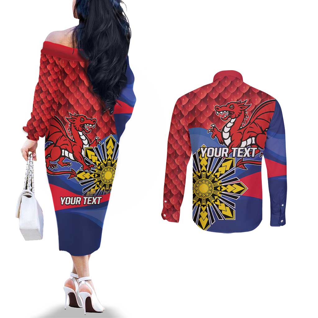 Personalized Welsh Grown With Filipino Roots Couples Matching Off The Shoulder Long Sleeve Dress and Long Sleeve Button Shirt