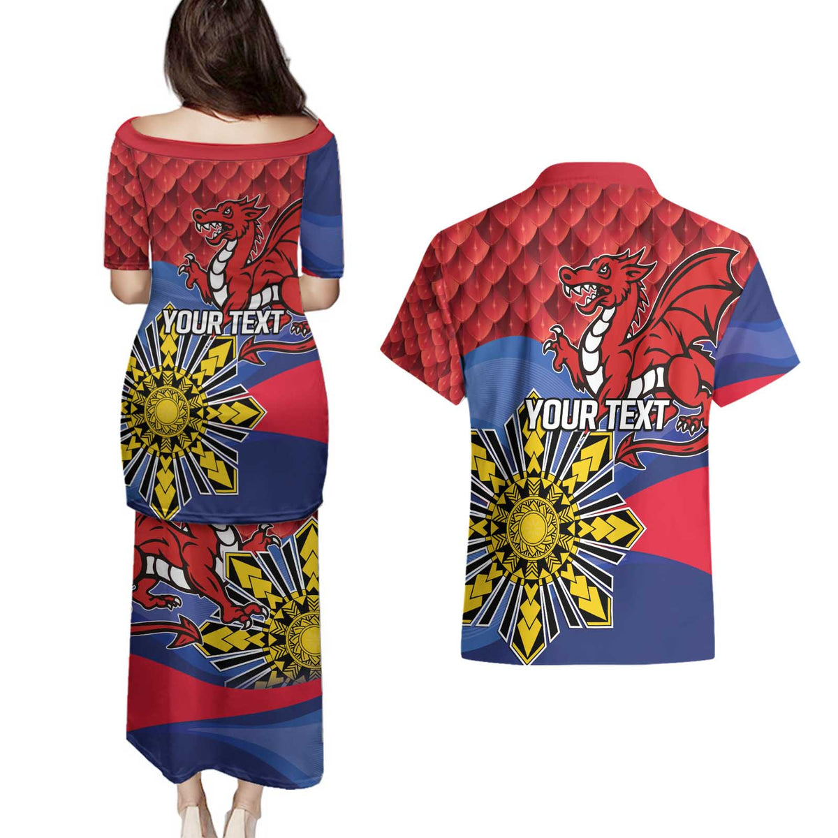 Personalized Welsh Grown With Filipino Roots Couples Matching Puletasi and Hawaiian Shirt