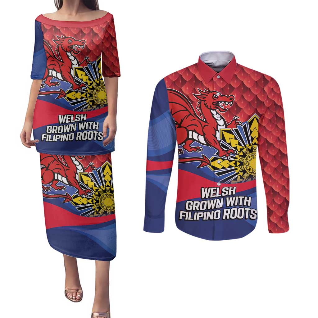 Personalized Welsh Grown With Filipino Roots Couples Matching Puletasi and Long Sleeve Button Shirt