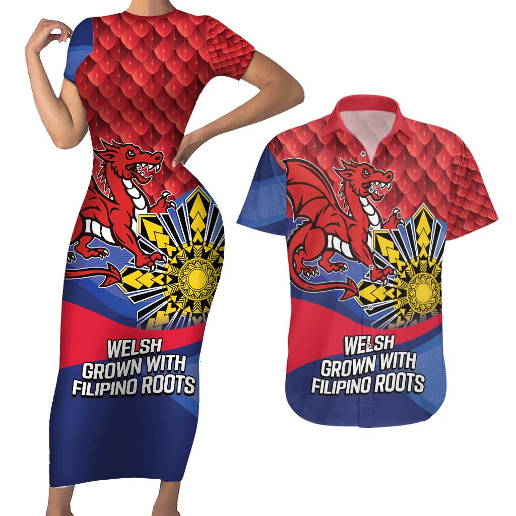 Personalized Welsh Grown With Filipino Roots Couples Matching Short Sleeve Bodycon Dress and Hawaiian Shirt