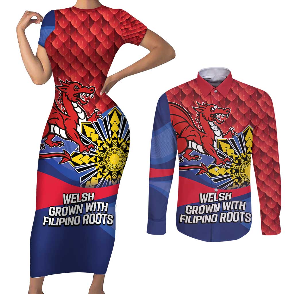 Personalized Welsh Grown With Filipino Roots Couples Matching Short Sleeve Bodycon Dress and Long Sleeve Button Shirt