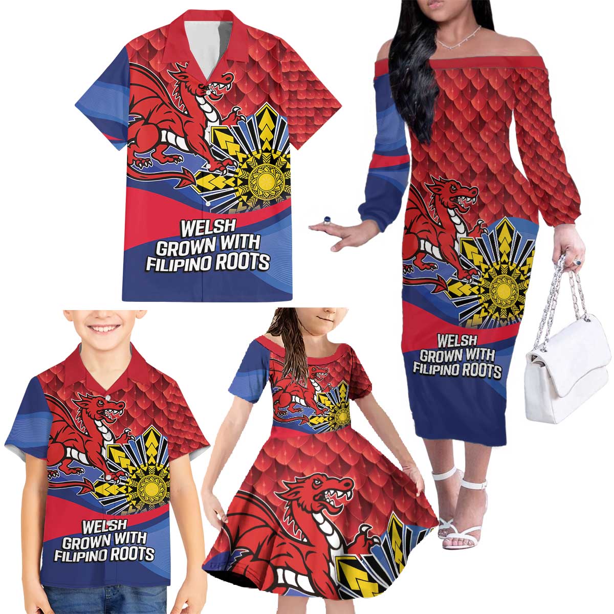 Personalized Welsh Grown With Filipino Roots Family Matching Off The Shoulder Long Sleeve Dress and Hawaiian Shirt
