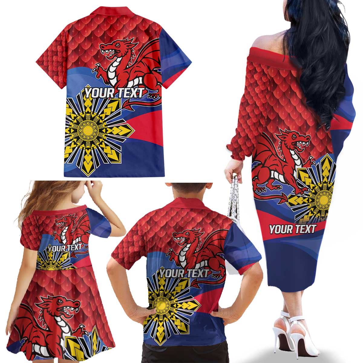 Personalized Welsh Grown With Filipino Roots Family Matching Off The Shoulder Long Sleeve Dress and Hawaiian Shirt