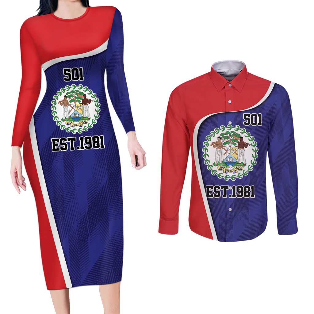 Belize Independence Day Couples Matching Long Sleeve Bodycon Dress and Long Sleeve Button Shirt Since 1981 September 21 - Wonder Print Shop