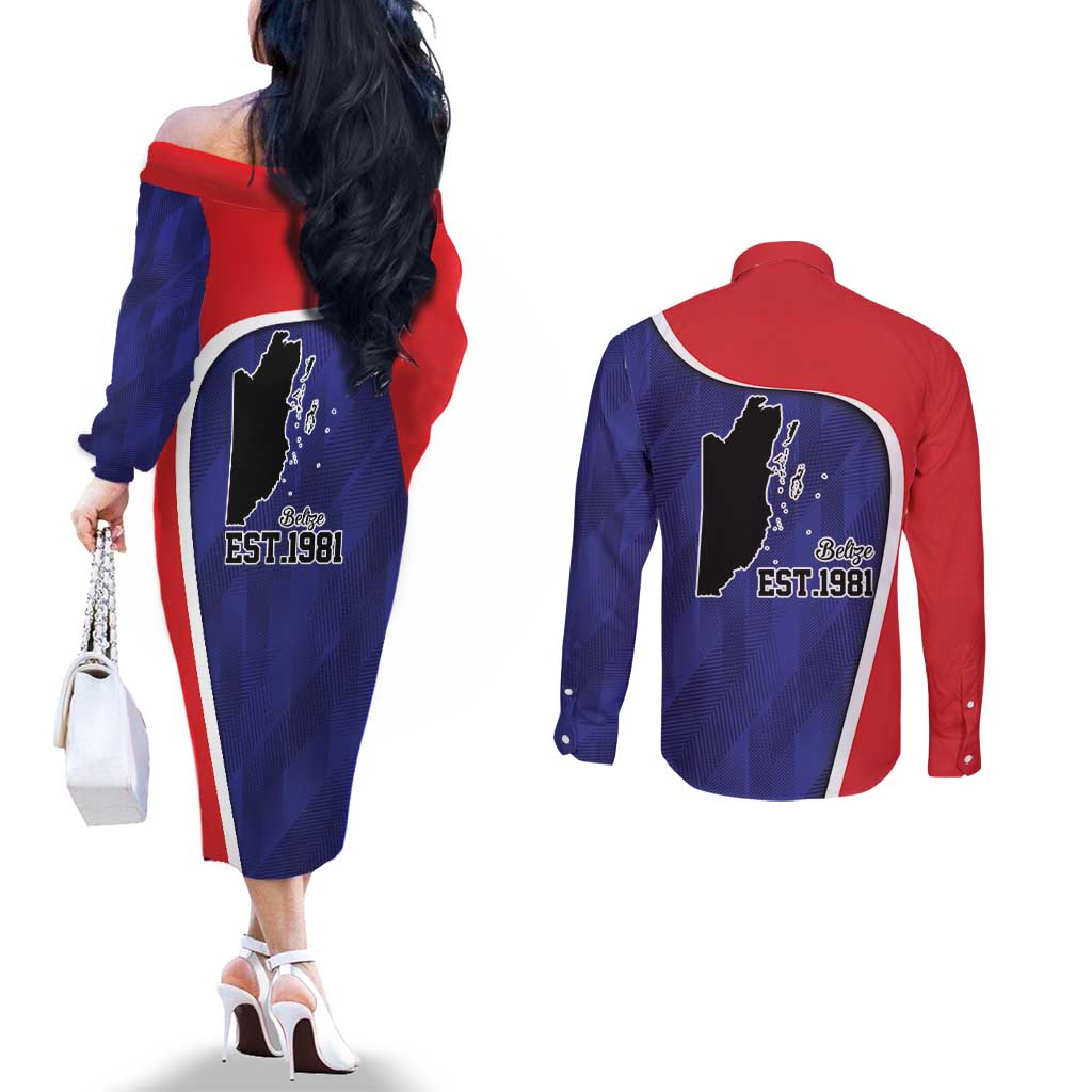 Belize Independence Day Couples Matching Off The Shoulder Long Sleeve Dress and Long Sleeve Button Shirt Since 1981 September 21 - Wonder Print Shop
