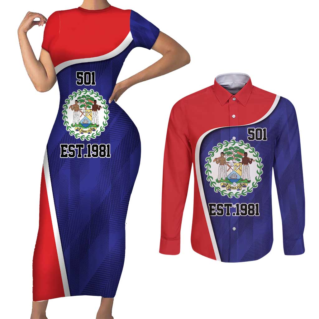 Belize Independence Day Couples Matching Short Sleeve Bodycon Dress and Long Sleeve Button Shirt Since 1981 September 21 - Wonder Print Shop