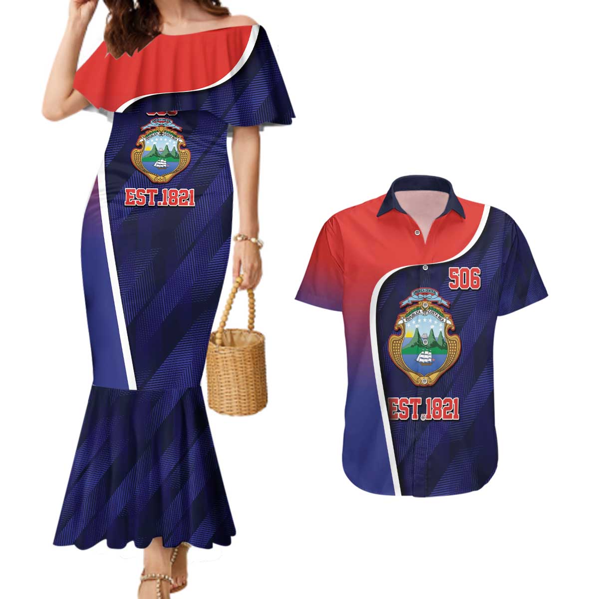 Costa Rica Independence Day Couples Matching Mermaid Dress and Hawaiian Shirt Since 1821 September 15 - Wonder Print Shop