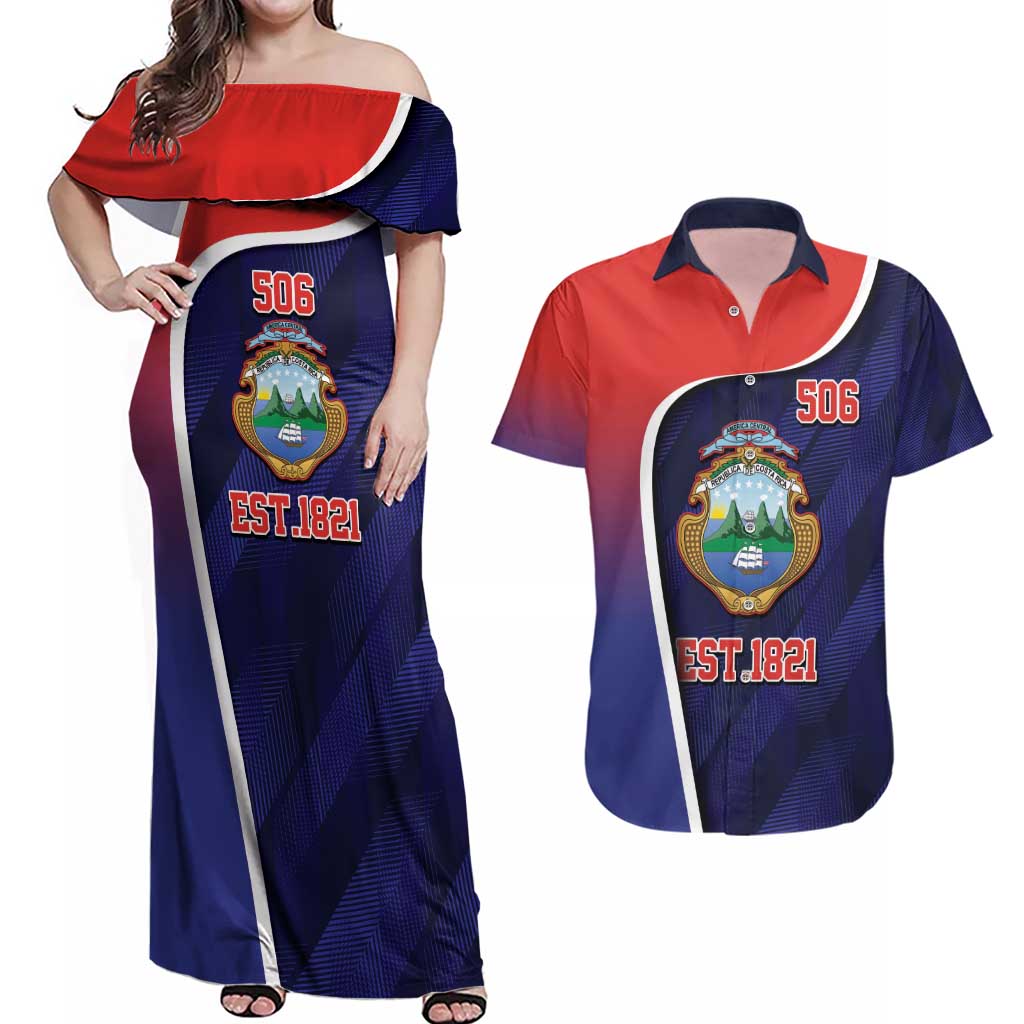 Costa Rica Independence Day Couples Matching Off Shoulder Maxi Dress and Hawaiian Shirt Since 1821 September 15 - Wonder Print Shop