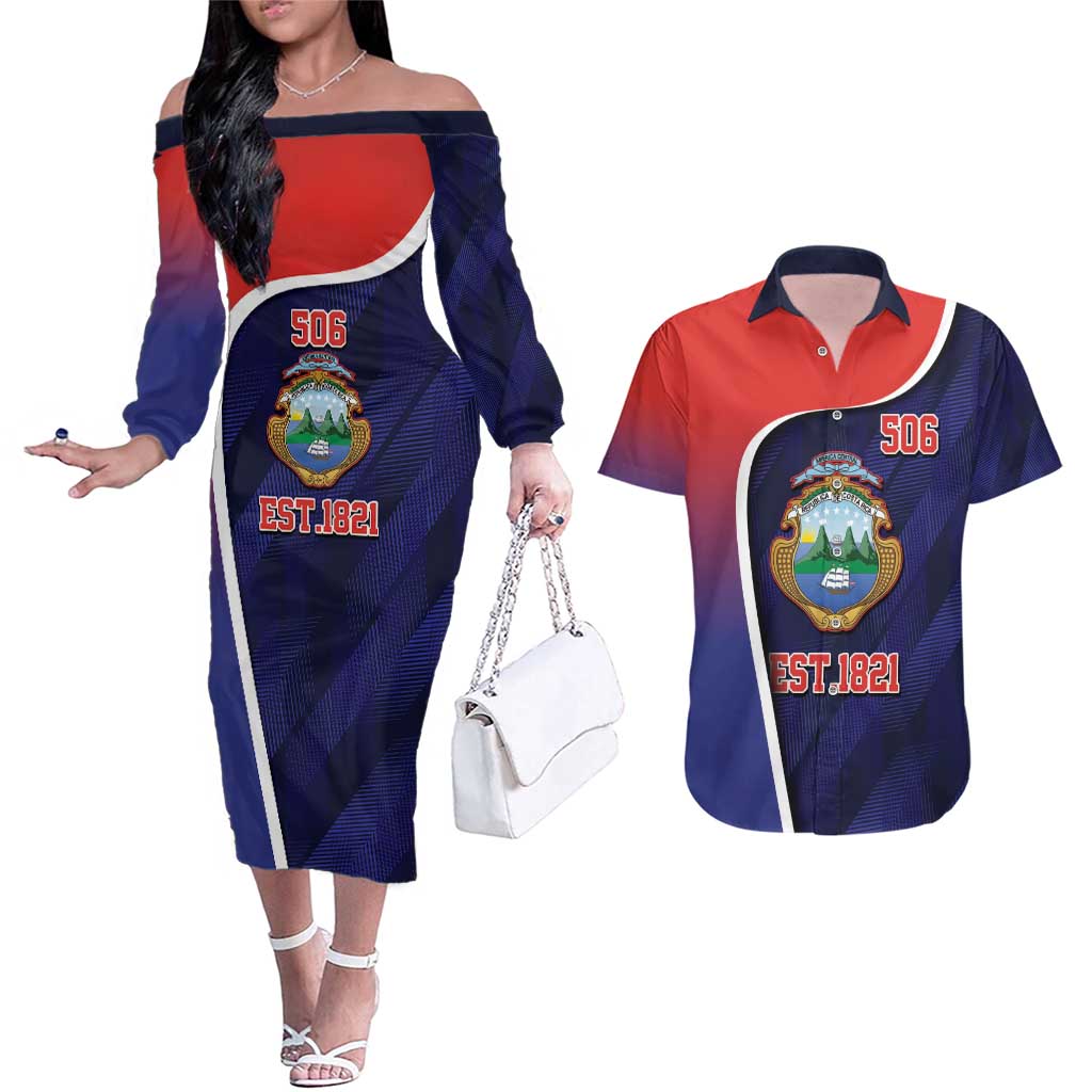 Costa Rica Independence Day Couples Matching Off The Shoulder Long Sleeve Dress and Hawaiian Shirt Since 1821 September 15 - Wonder Print Shop