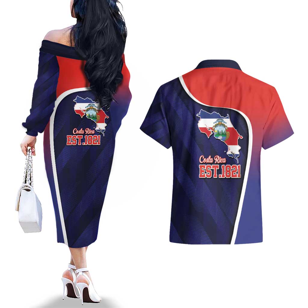 Costa Rica Independence Day Couples Matching Off The Shoulder Long Sleeve Dress and Hawaiian Shirt Since 1821 September 15 - Wonder Print Shop