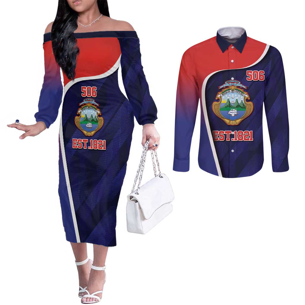 Costa Rica Independence Day Couples Matching Off The Shoulder Long Sleeve Dress and Long Sleeve Button Shirt Since 1821 September 15 - Wonder Print Shop