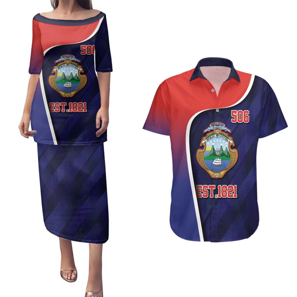 Costa Rica Independence Day Couples Matching Puletasi and Hawaiian Shirt Since 1821 September 15 - Wonder Print Shop