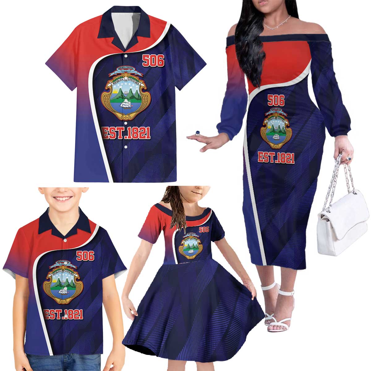 Costa Rica Independence Day Family Matching Off The Shoulder Long Sleeve Dress and Hawaiian Shirt Since 1821 September 15 - Wonder Print Shop