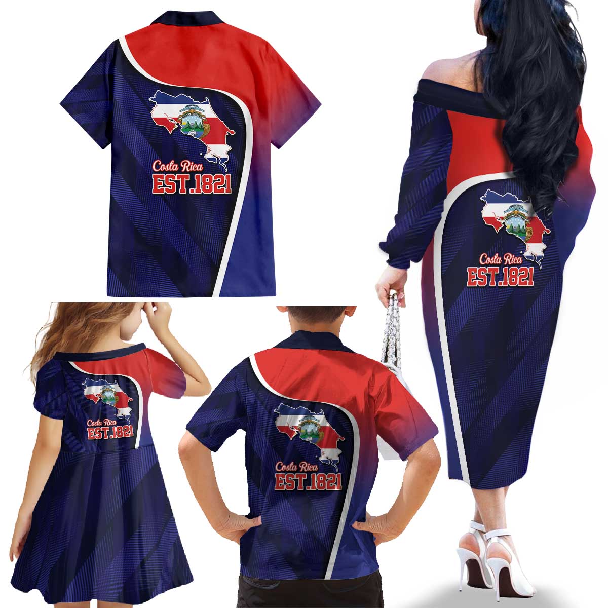Costa Rica Independence Day Family Matching Off The Shoulder Long Sleeve Dress and Hawaiian Shirt Since 1821 September 15 - Wonder Print Shop