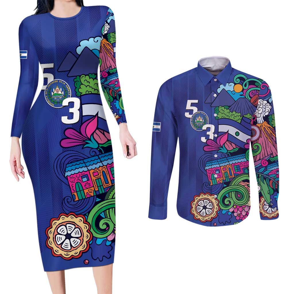 El Salvador Couples Matching Long Sleeve Bodycon Dress and Long Sleeve Button Shirt Beauty Local Inspired - Wonder Print Shop