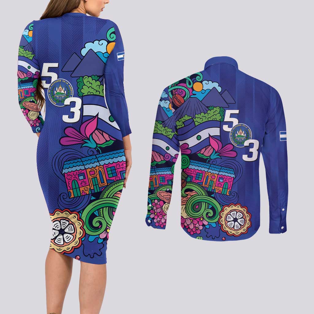 El Salvador Couples Matching Long Sleeve Bodycon Dress and Long Sleeve Button Shirt Beauty Local Inspired - Wonder Print Shop